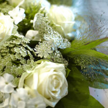 Eine Nahaufnahme eines Straußes mit weißen Rosen, zarten weißen Blumen und luftigem Grün, die ein zartes und elegantes Blumenarrangement ergeben.