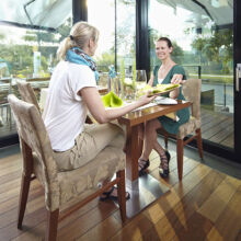 Zwei Frauen sitzen sich an einem Tisch in einem hellen Restaurant mit großen Fenstern gegenüber, unterhalten sich und lächeln. Der Tisch ist mit Gläsern, Flaschen und grünen Servietten gedeckt. Draußen sind Bäume zu sehen.